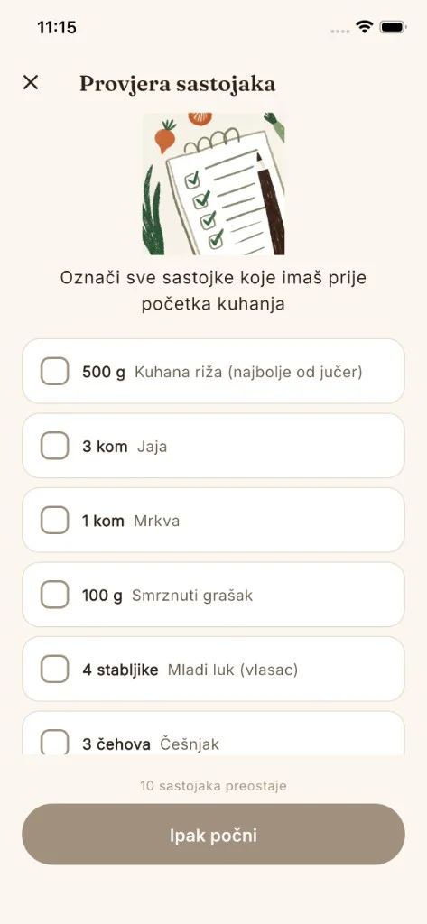 Popis sastojaka u aplikaciji Prvi Zalogaj